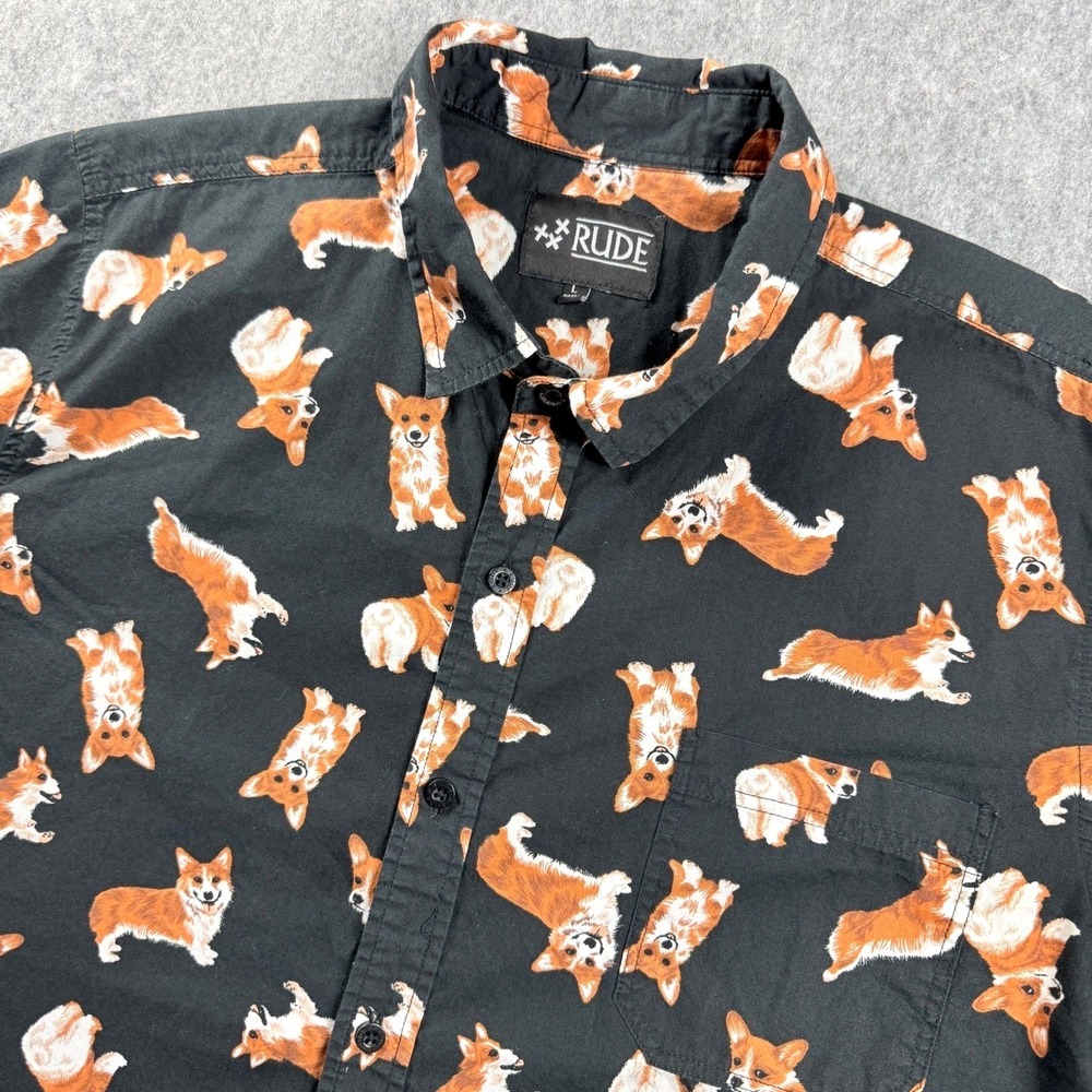 XXX RUDE Corgi Floral Pattern Shirt Adult Large Black Aloha All Over Hawaiian